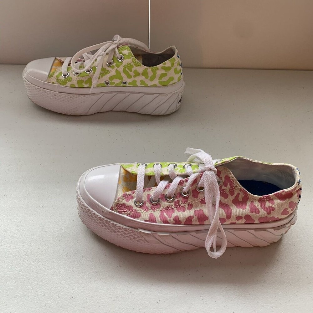 Converse All Star Womens 6.5 White Rainbow Leopard Print Low Platform Sneakers - Picture 3 of 8